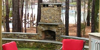 stacked stone fireplace